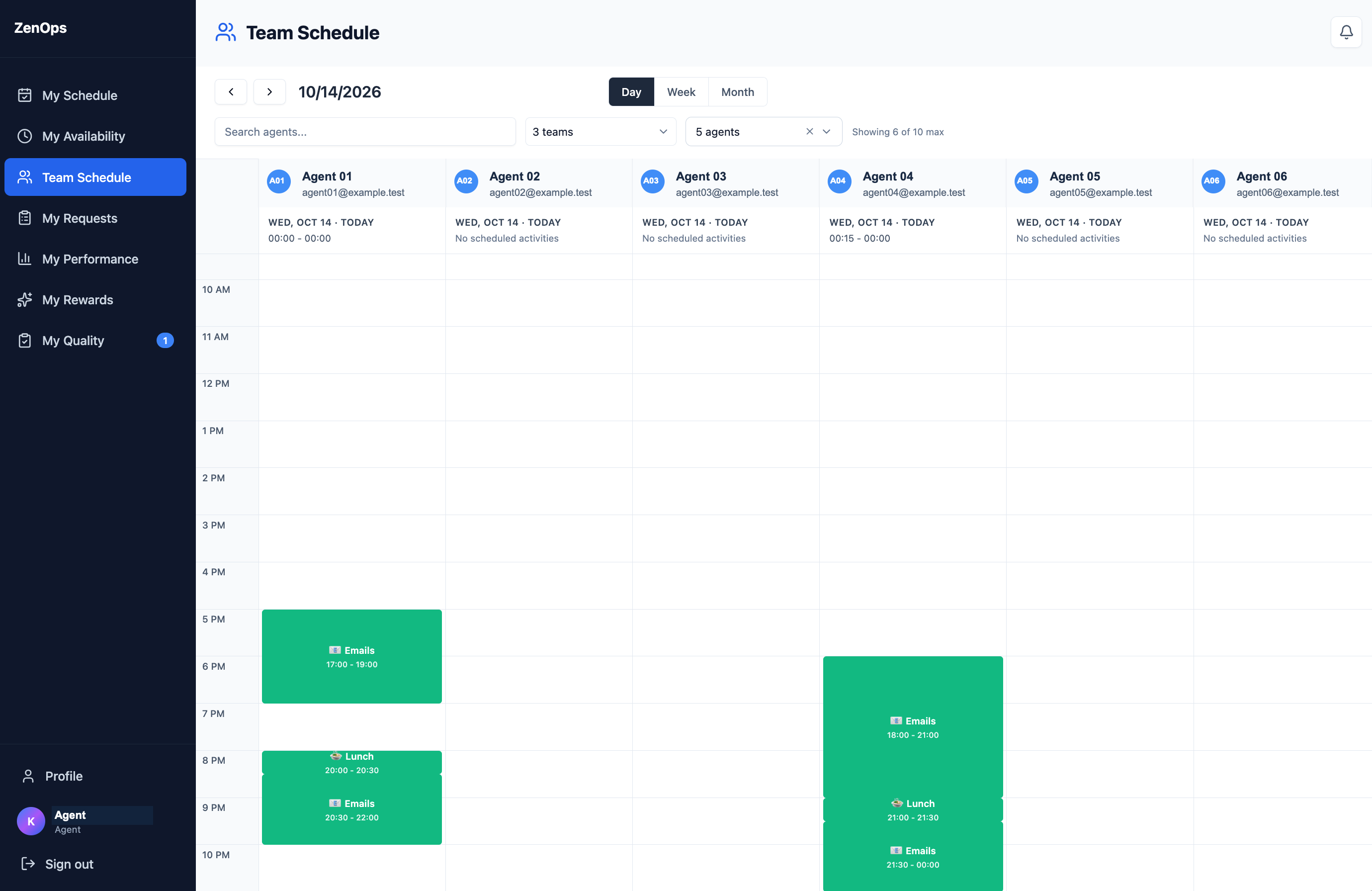 ZenOps WFM Team Schedule page showing date and view controls, team and agent filters, and a day schedule grid. Agent names and email addresses are anonymized.