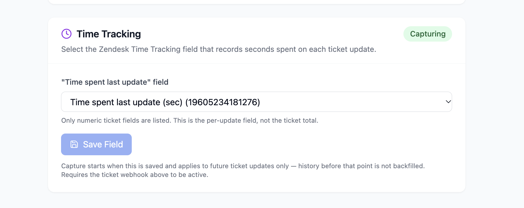 Zendesk integration Time Tracking settings showing the Time spent last update numeric field selected, the Save Field control, and the Capturing status.